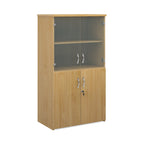 Office storage cupboard with a wood-effect carcass, lockable lower doors, and upper glass display doors with internal shelving, shown on a white background.