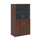 Office storage cupboard with a dark wood-effect carcass, lockable lower doors, and upper glass display doors with internal shelving, shown on a white background.