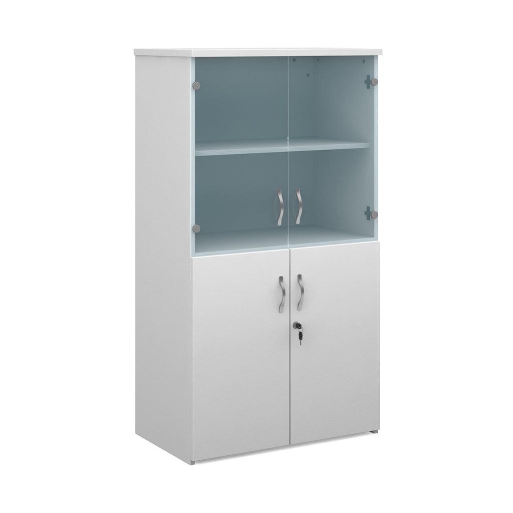 Office storage cupboard with a white carcass, lockable lower doors, and upper glass display doors with internal shelving, shown on a white background.