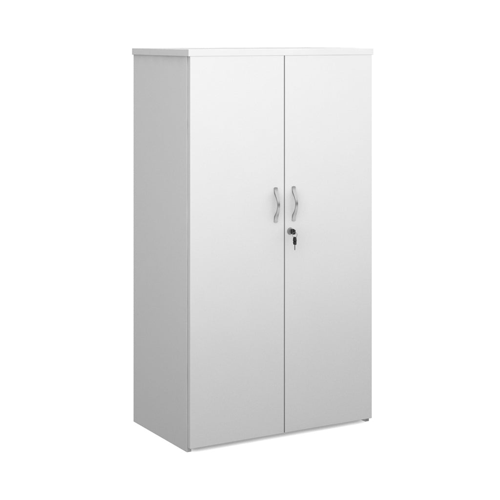 White lockable office cupboard with silver handles, shown on a white background.