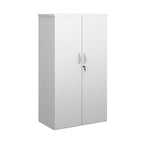 White lockable office cupboard with silver handles, shown on a white background.