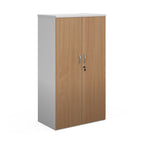 Lockable office cupboard with wood-effect doors and silver handles, shown on a white background.