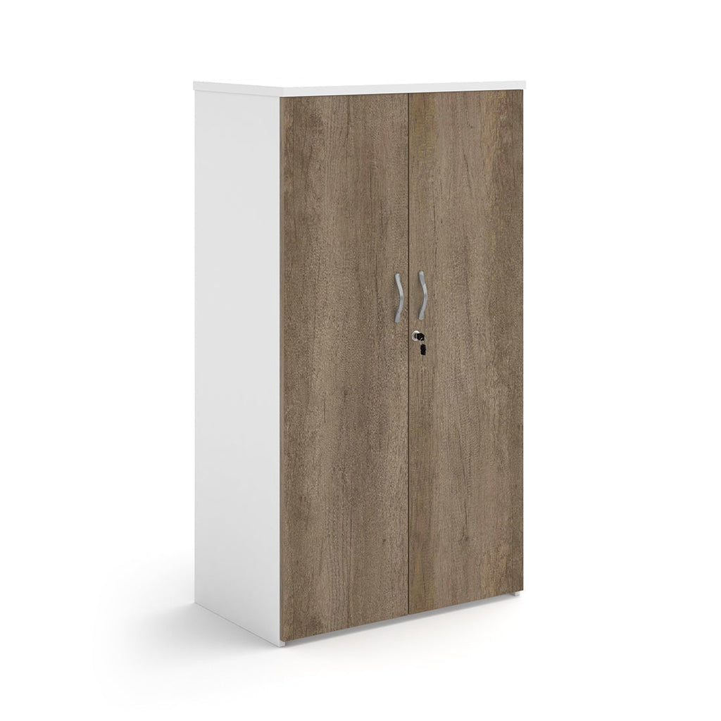 Lockable office cupboard with wood-effect doors and silver handles, shown on a white background.