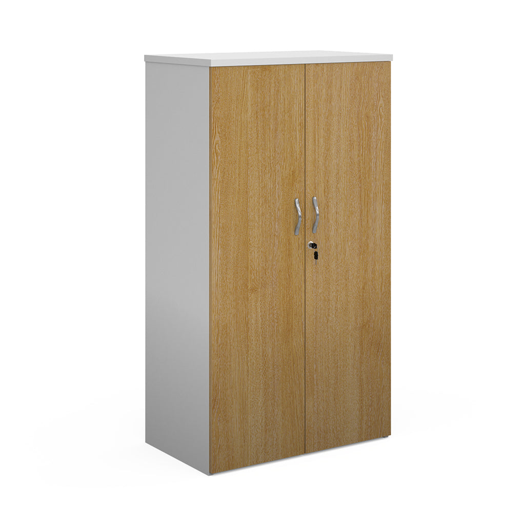 Lockable office cupboard with oak-effect doors and silver handles, shown on a white background.