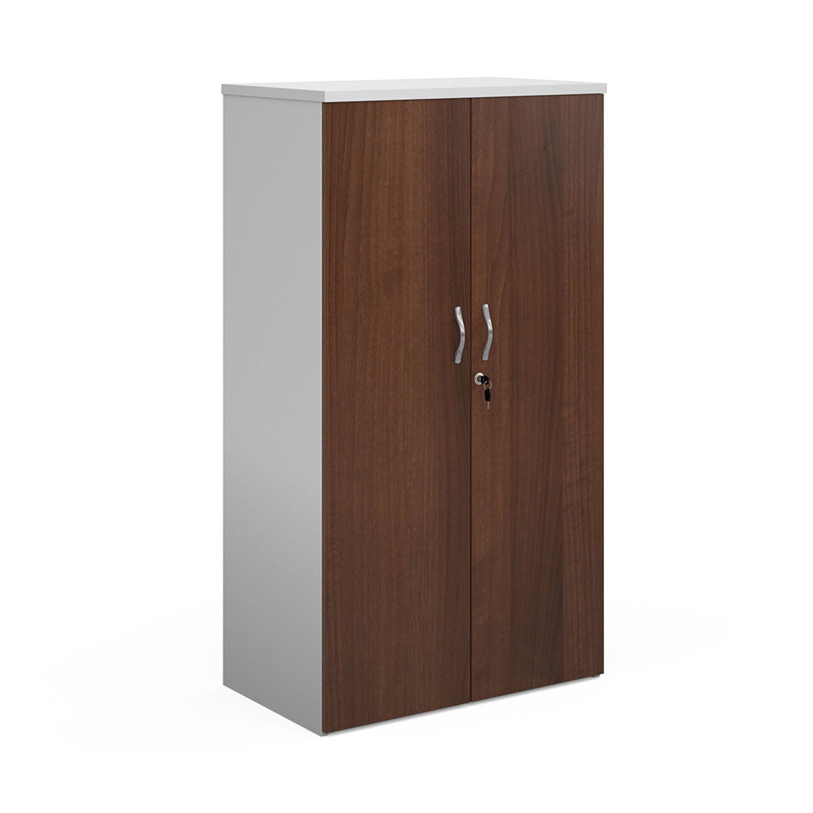 Lockable office cupboard with wood-effect doors and silver handles, shown on a white background.