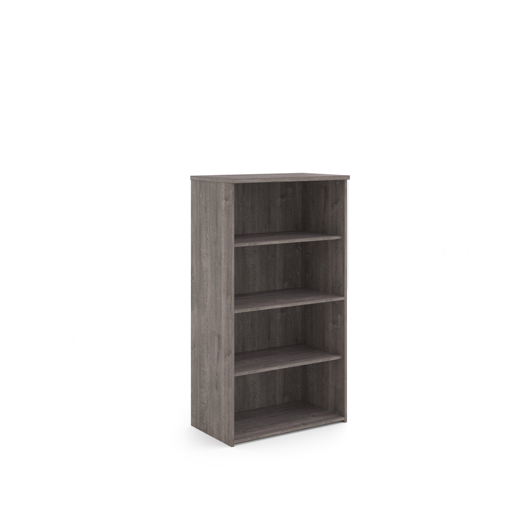 Wooden bookshelf with three shelves on a white background