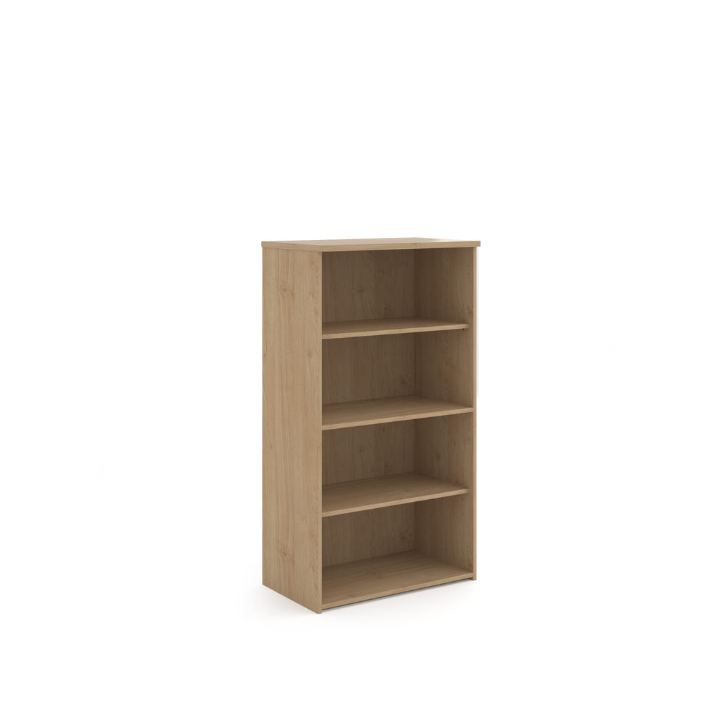 Wooden bookshelf with three shelves on a white background