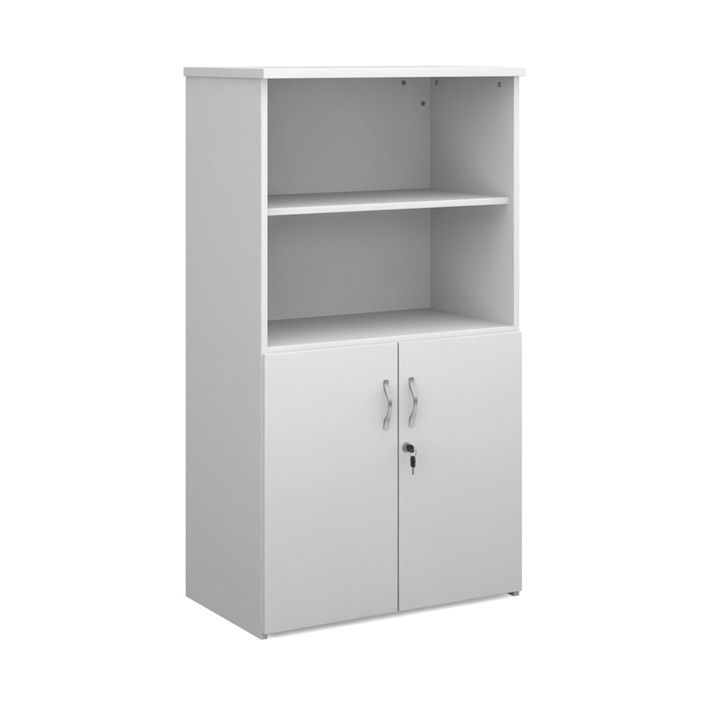 Office storage cupboard with a white carcass, open upper shelving, and lockable lower doors, shown on a white background.