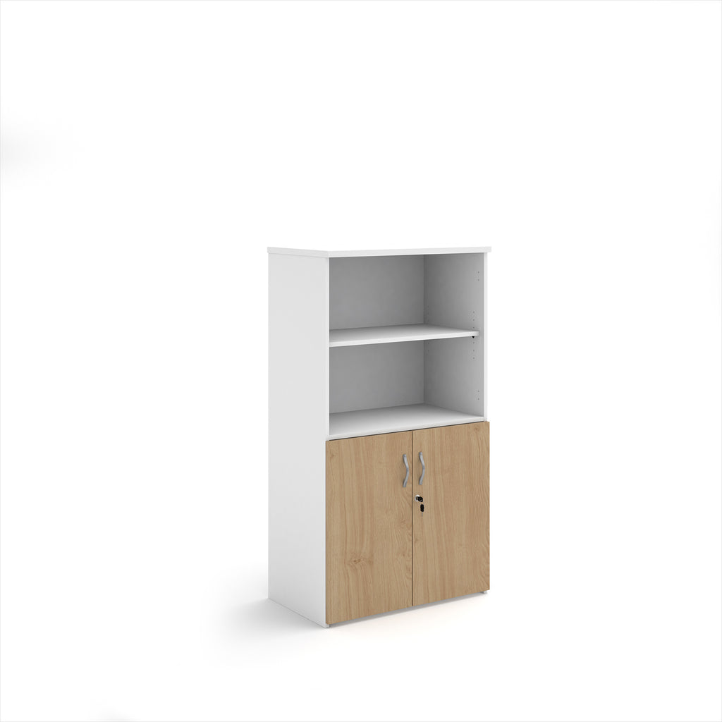 Office storage cupboard with a white carcass, open upper shelving, and lockable lower wood-effect doors, shown on a white background.