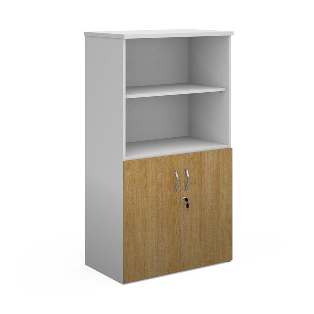 Office storage cupboard with a white carcass, open upper shelving, and lockable lower wood-effect doors, shown on a white background.
