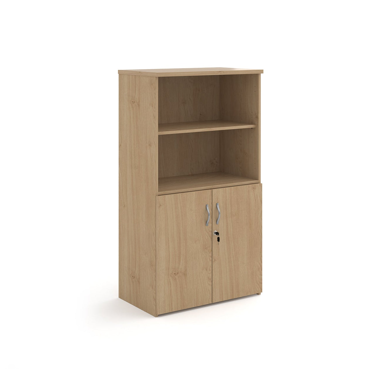 Office storage cupboard with a light wood-effect finish, open upper shelving, and lockable lower doors, shown on a white background.