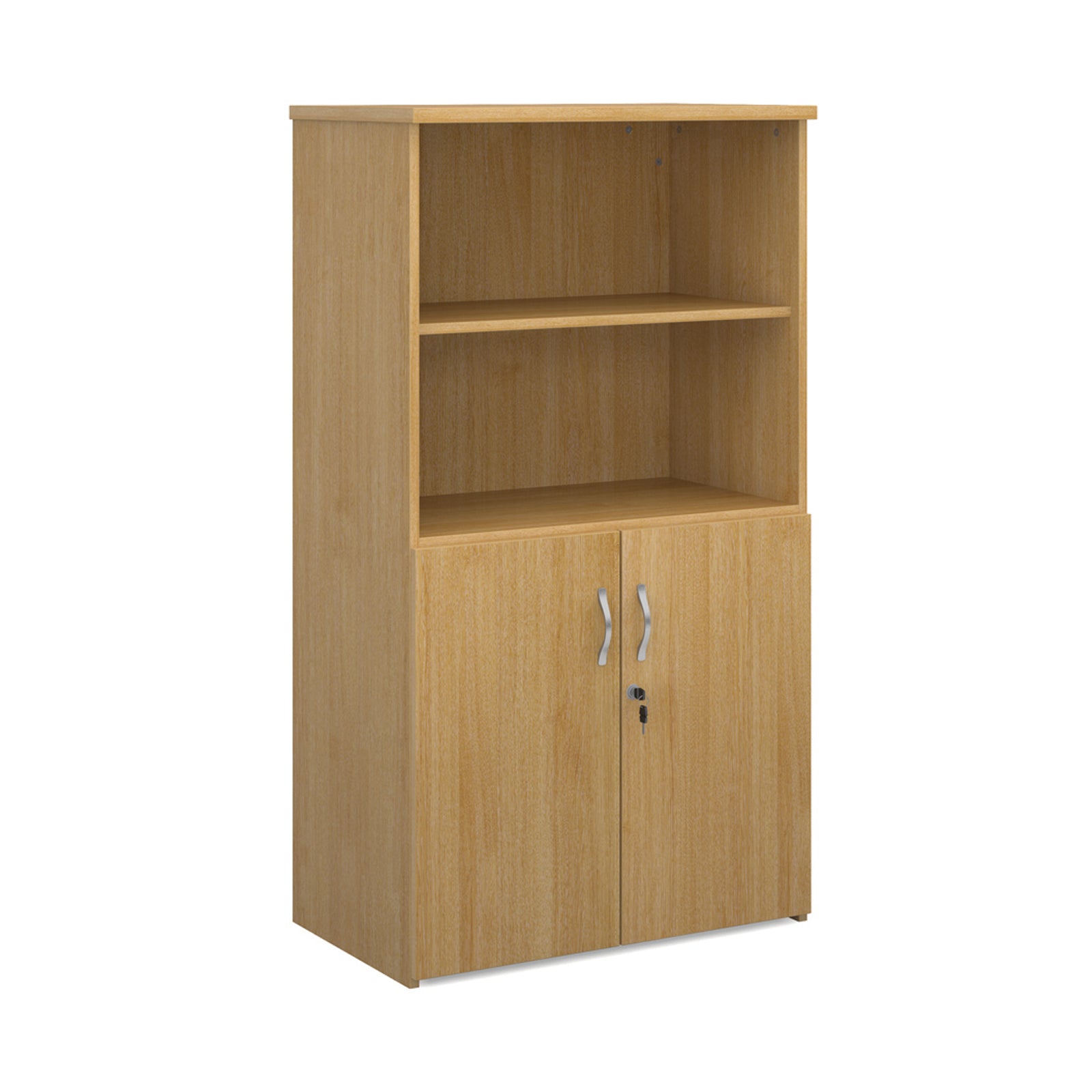 Office storage cupboard with a wood-effect finish, open upper shelving, and lockable lower doors, shown on a white background.