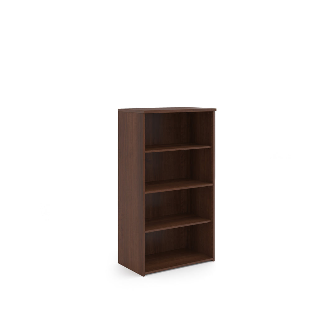 Wooden bookshelf with three shelves on a white background