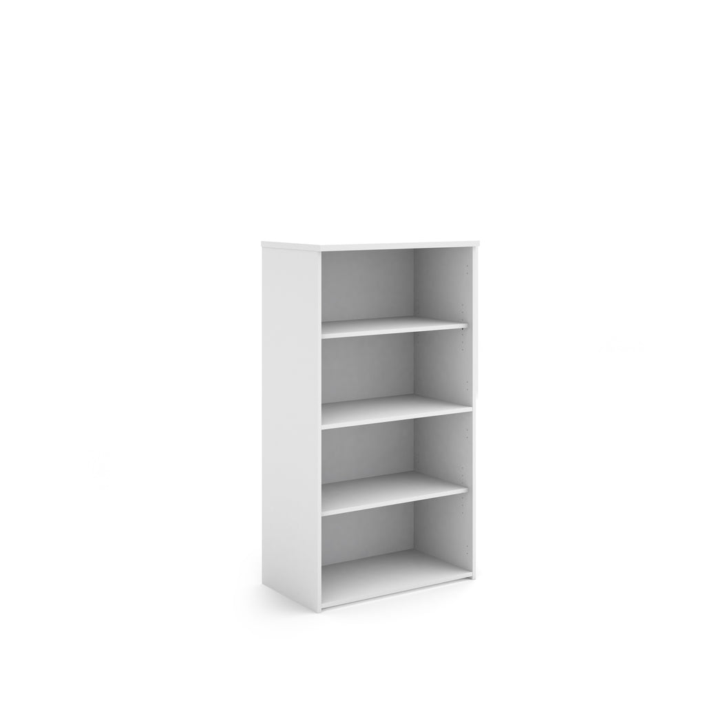 White bookshelf with three shelves on a white background