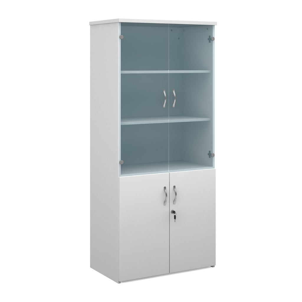 Tall office storage cupboard with a white carcass, lockable lower doors, and upper glass display doors with internal shelving, shown on a white background.