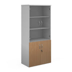 Tall office storage cupboard with a white carcass, lockable lower wood-effect doors, and upper glass display doors with internal shelving, shown on a white background.