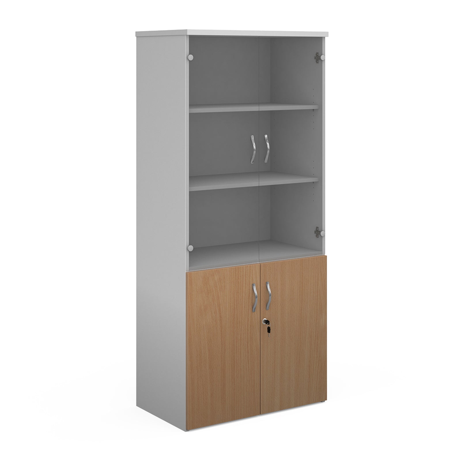 Tall office storage cupboard with a white carcass, lockable lower wood-effect doors, and upper glass display doors with internal shelving, shown on a white background.