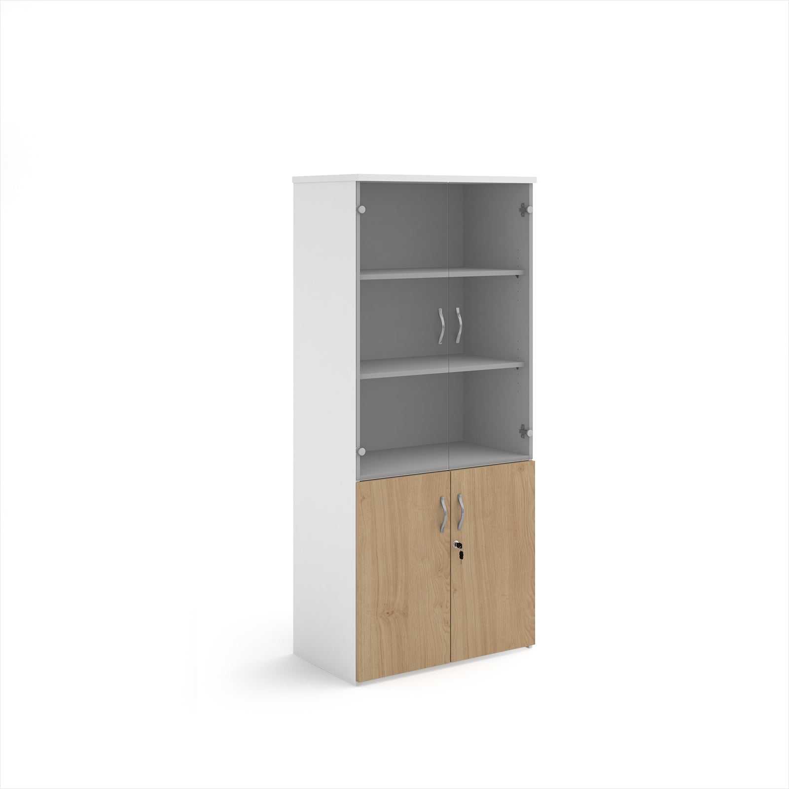 Tall office storage cupboard with a white carcass, lockable lower wood-effect doors, and upper glass display doors with internal shelving, shown on a white background.