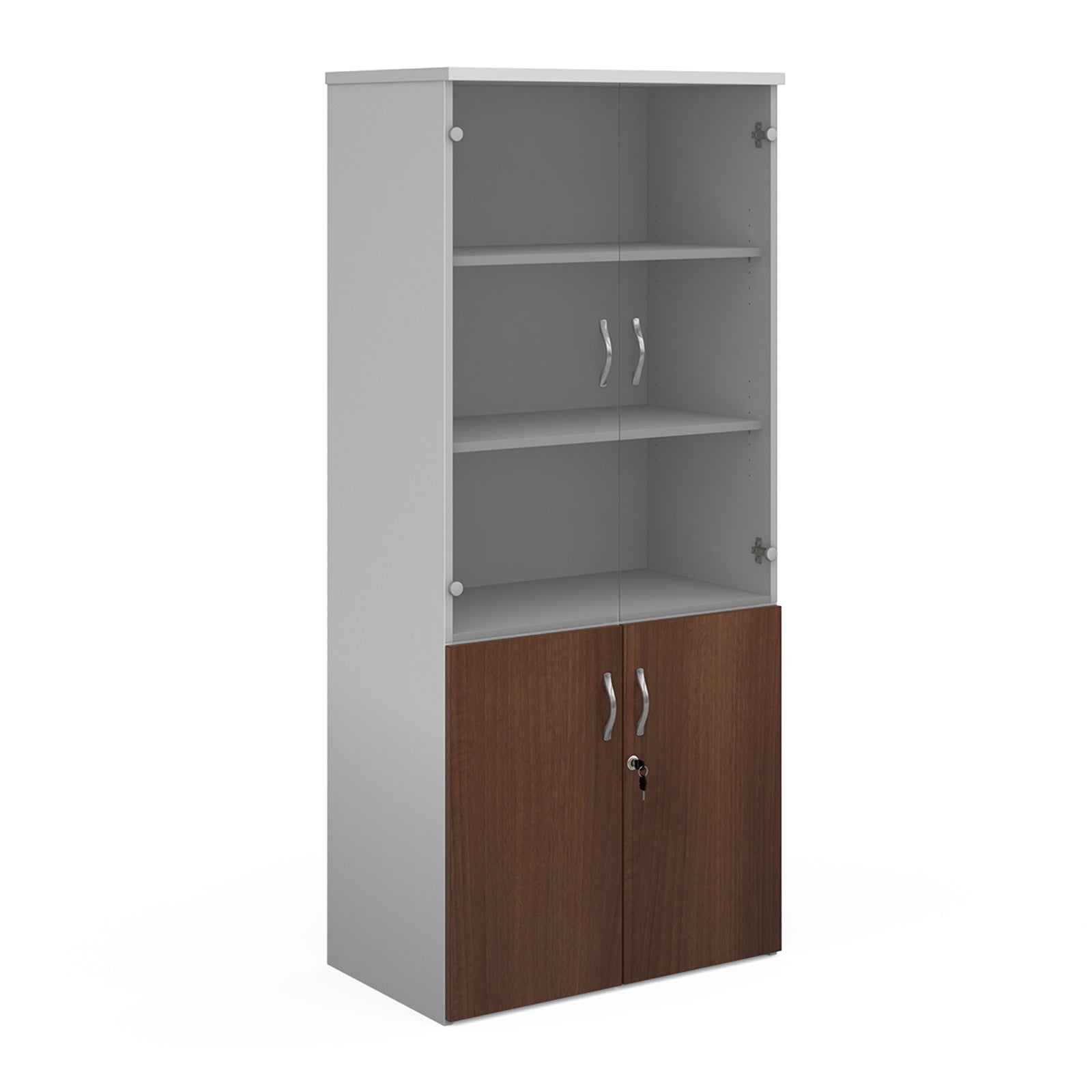 Tall office storage cupboard with a white carcass, lockable lower dark wood-effect doors, and upper glass display doors with internal shelving, shown on a white background.