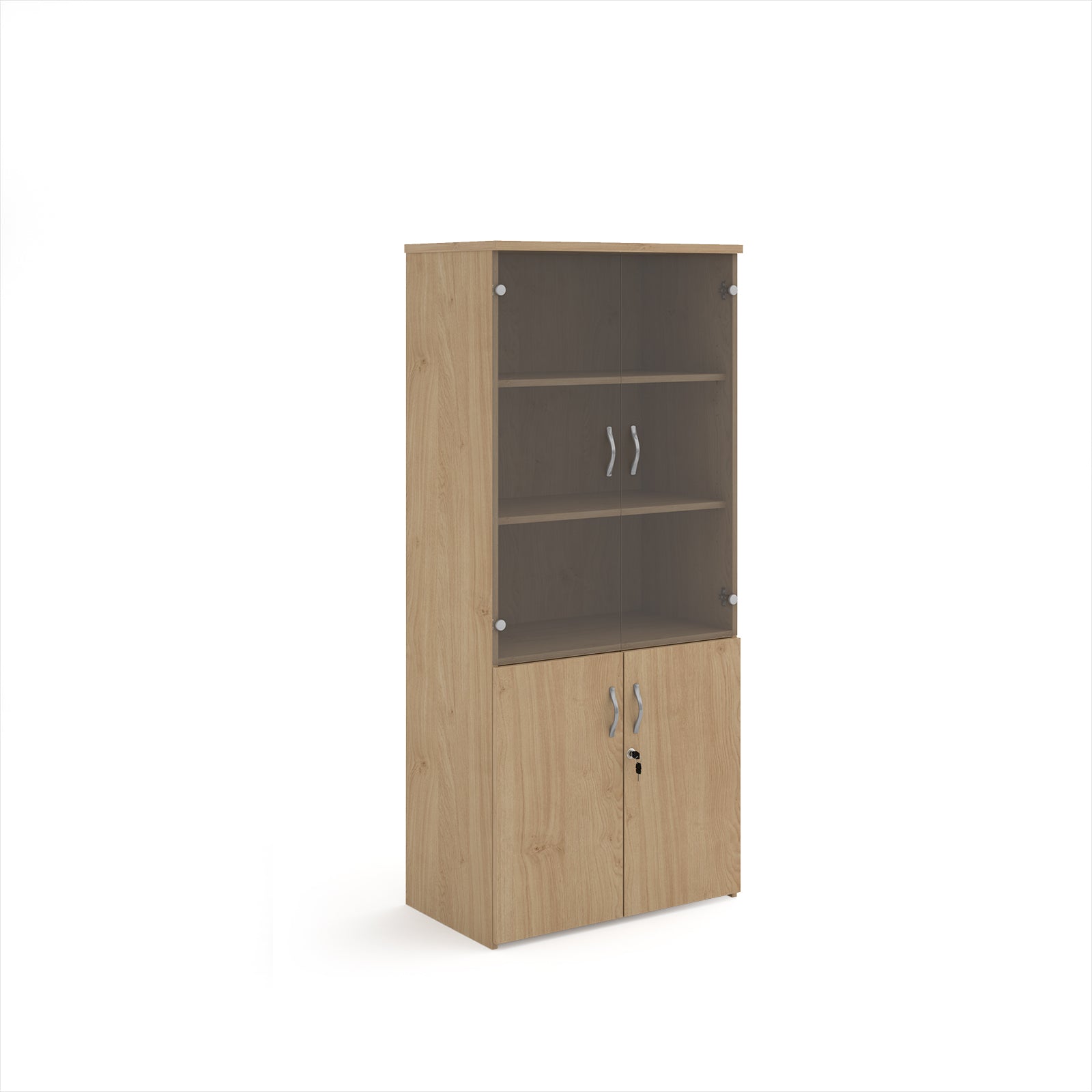 Tall office storage cupboard with a wood-effect carcass, lockable lower doors, and upper glass display doors with internal shelving, shown on a white background.