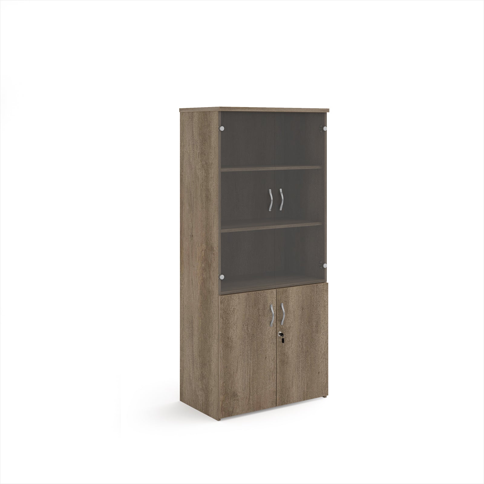 Tall office storage cupboard with a grey wood-effect carcass, lockable lower doors, and upper glass display doors with internal shelving, shown on a white background.