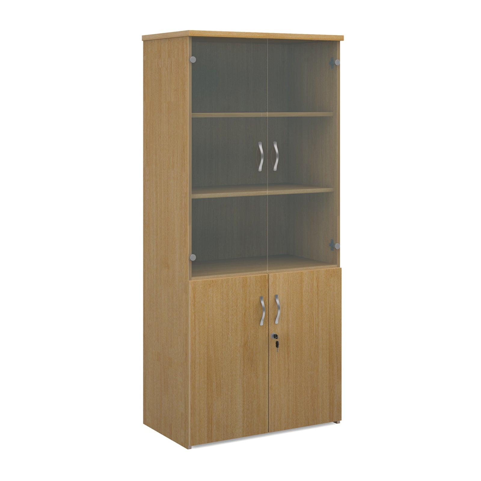 Tall office storage cupboard with a wood-effect carcass, lockable lower doors, and upper glass display doors with internal shelving, shown on a white background.