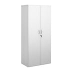 White lockable office cupboard with silver handles, shown on a white background.