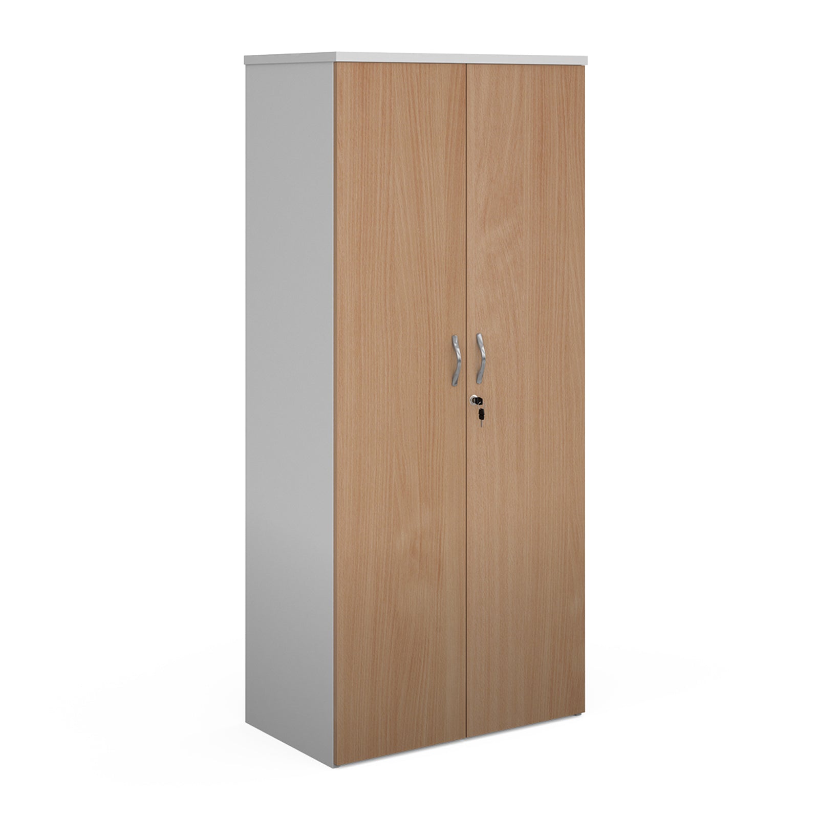 Lockable office cupboard with wood-effect doors and silver handles, shown on a white background.