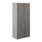 Lockable office cupboard with grey wood-effect doors and silver handles, shown on a white background.