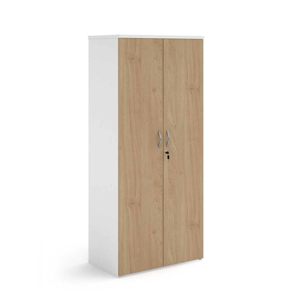 Lockable office cupboard with wood-effect doors and silver handles, shown on a white background.