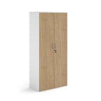 Lockable office cupboard with wood-effect doors and silver handles, shown on a white background.