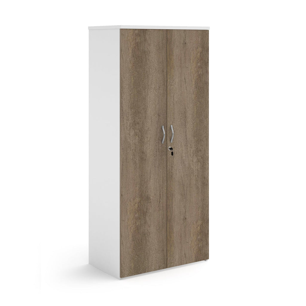 Lockable office cupboard with wood-effect doors and silver handles, shown on a white background.