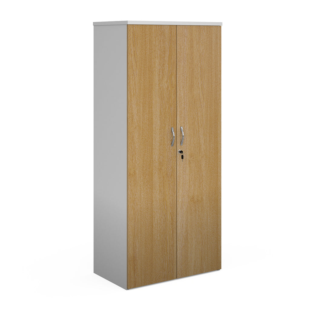Lockable office cupboard with oak-effect doors and silver handles, shown on a white background.