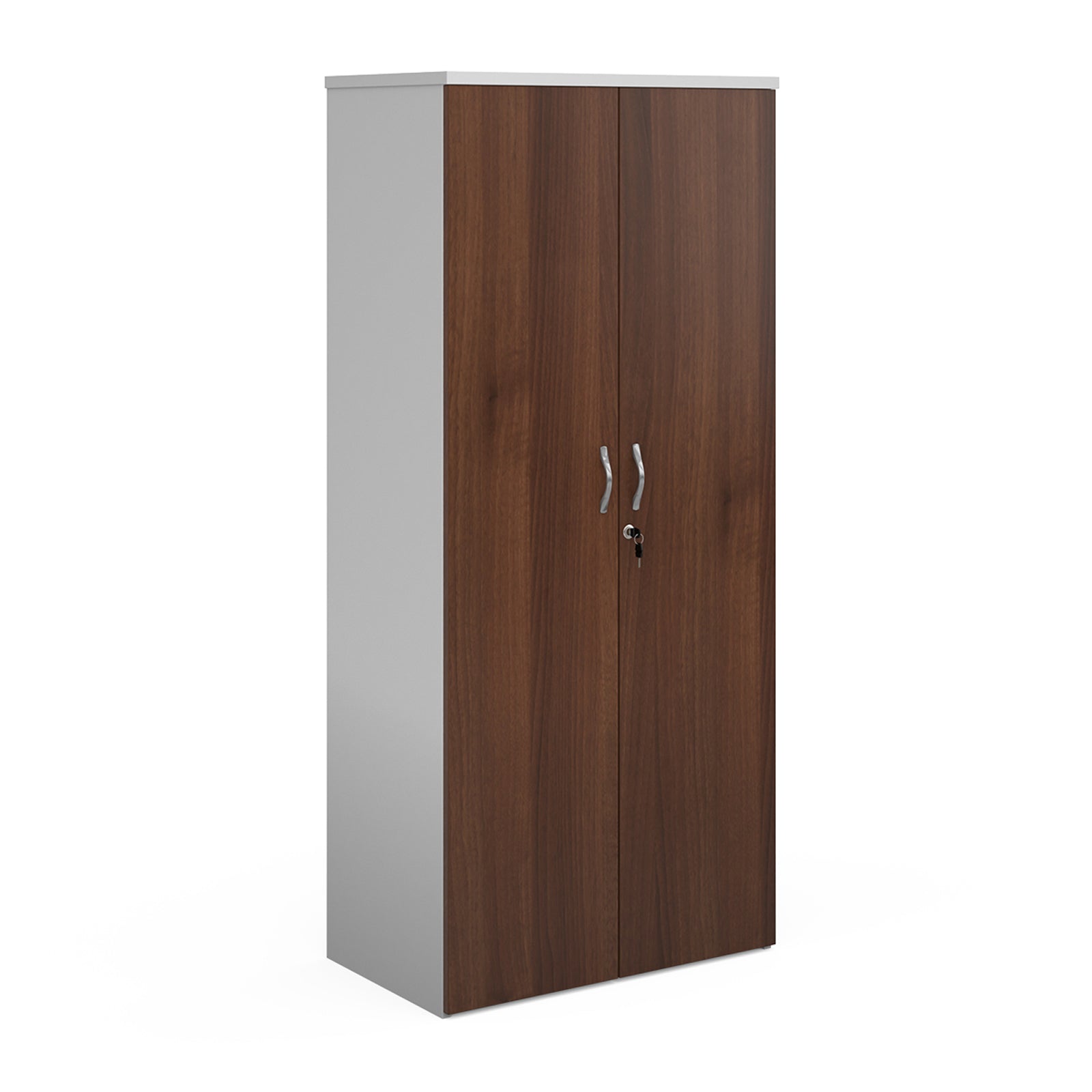Lockable office cupboard with wood-effect doors and silver handles, shown on a white background.