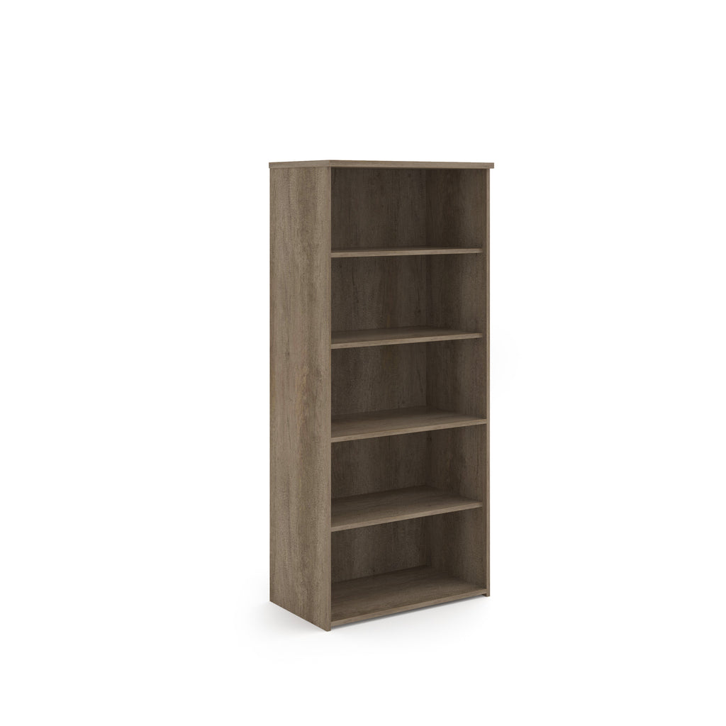 Wooden bookshelf with four shelves on a white background
