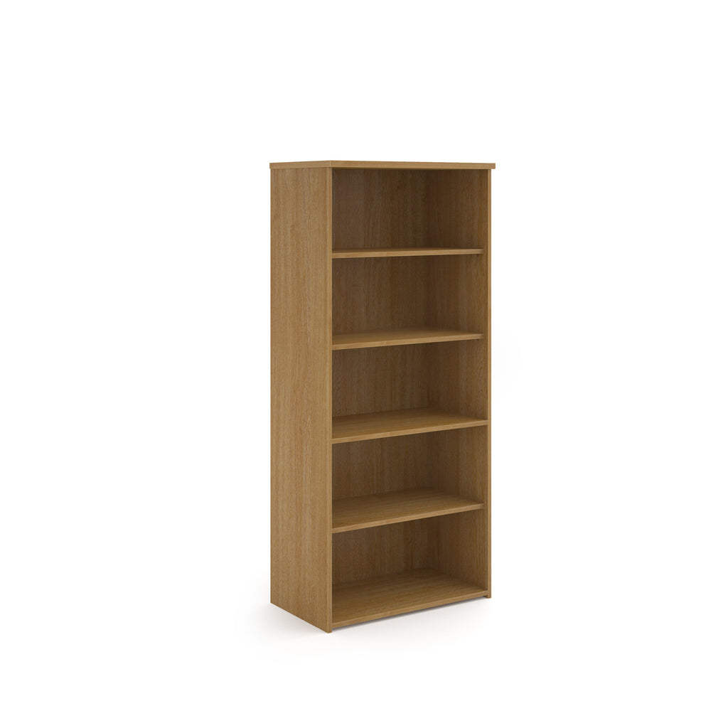Wooden bookshelf with four shelves on a white background