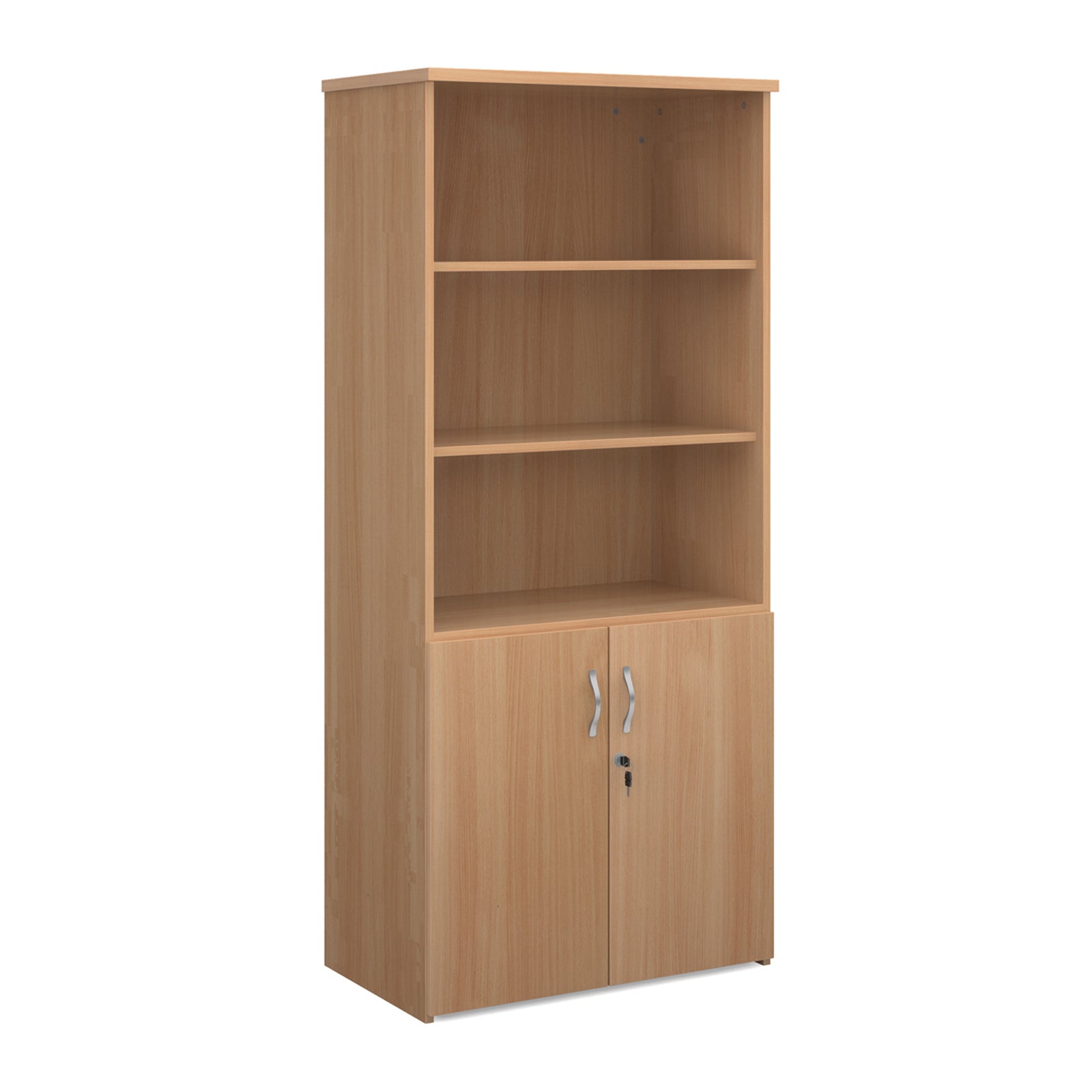 Tall office storage cupboard with a  wood-effect finish, open upper shelving, and lockable lower doors, shown on a white background.