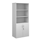 Tall office storage cupboard with a white carcass, open upper shelving, and lockable lower doors, shown on a white background.
