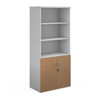 Tall office storage cupboard with a white carcass, open upper shelving, and lockable lower wood-effect doors, shown on a white background.