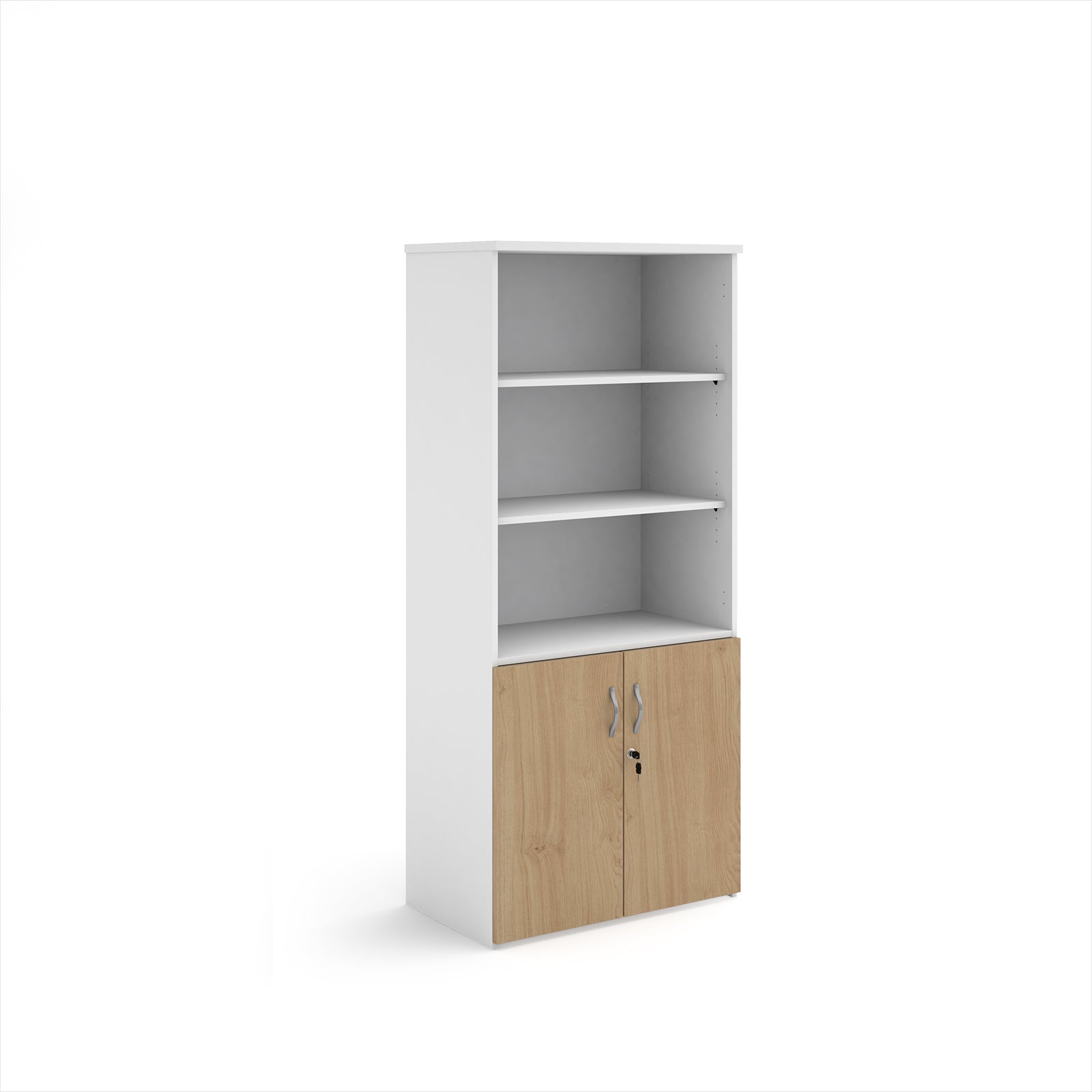 Tall office storage cupboard with a white carcass, open upper shelving, and lockable lower wood-effect doors, shown on a white background.