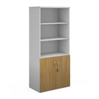 Tall office storage cupboard with a white carcass, open upper shelving, and lockable lower wood-effect doors, shown on a white background.