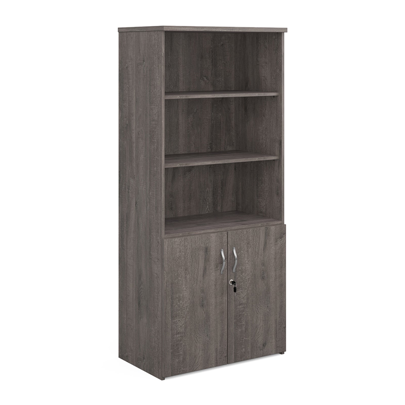 Tall office storage cupboard with a grey wood-effect finish, open upper shelving, and lockable lower doors, shown on a white background.