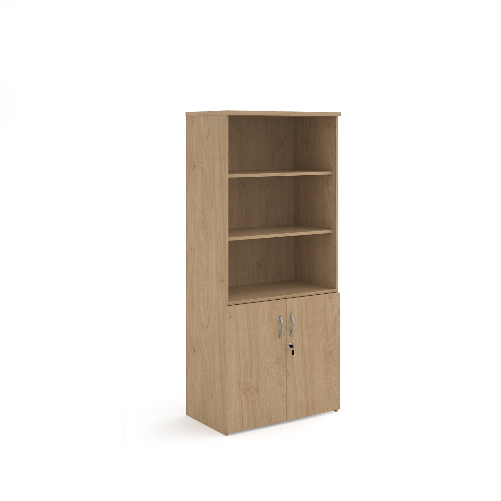 Tall office storage cupboard with a light wood-effect finish, open upper shelving, and lockable lower doors, shown on a white background.