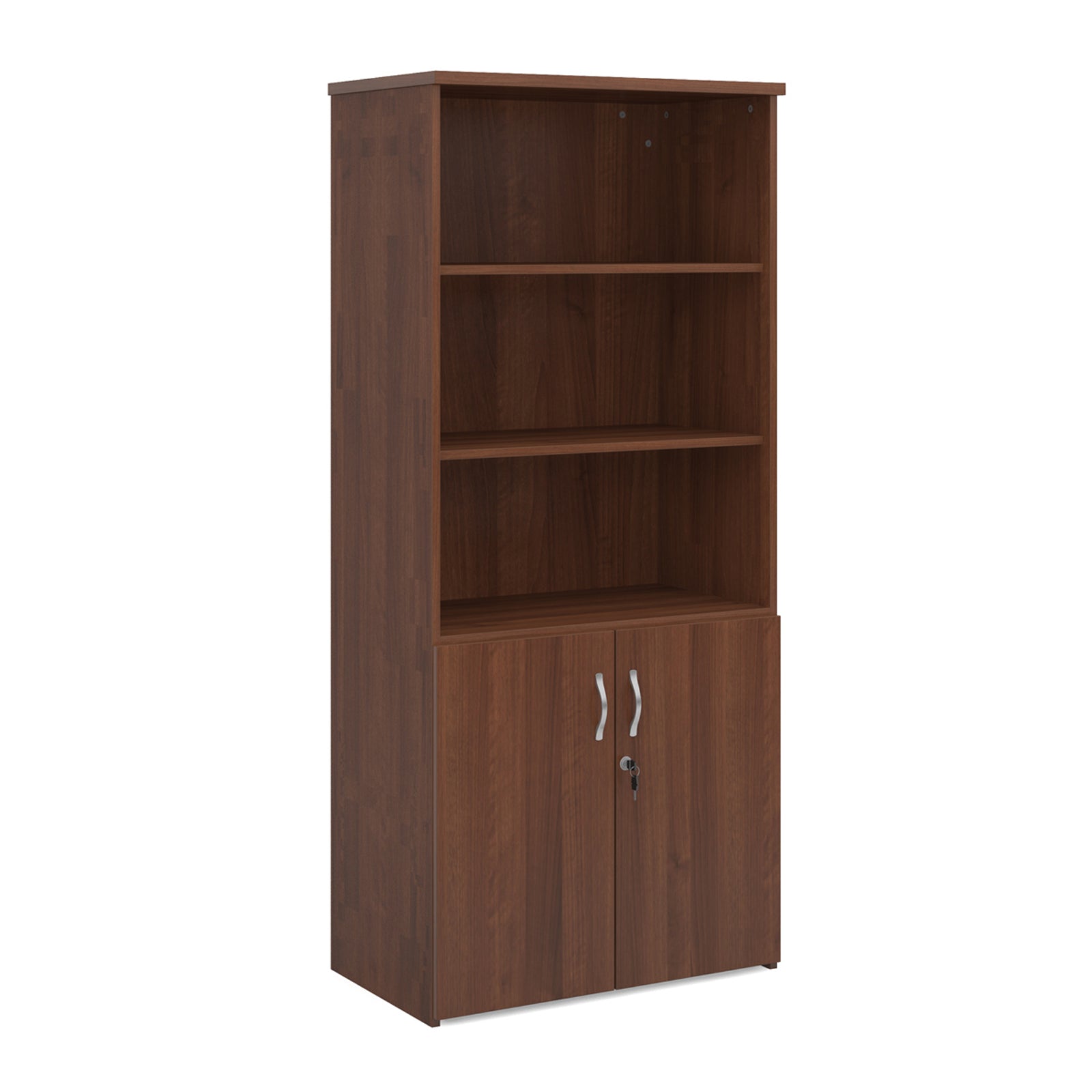 Tall office storage cupboard with a dark wood-effect finish, open upper shelving, and lockable lower doors, shown on a white background.