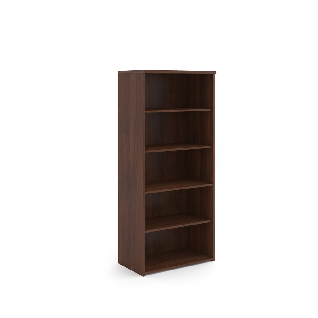 Wooden bookshelf with four shelves on a white background