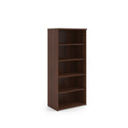 Wooden bookshelf with four shelves on a white background