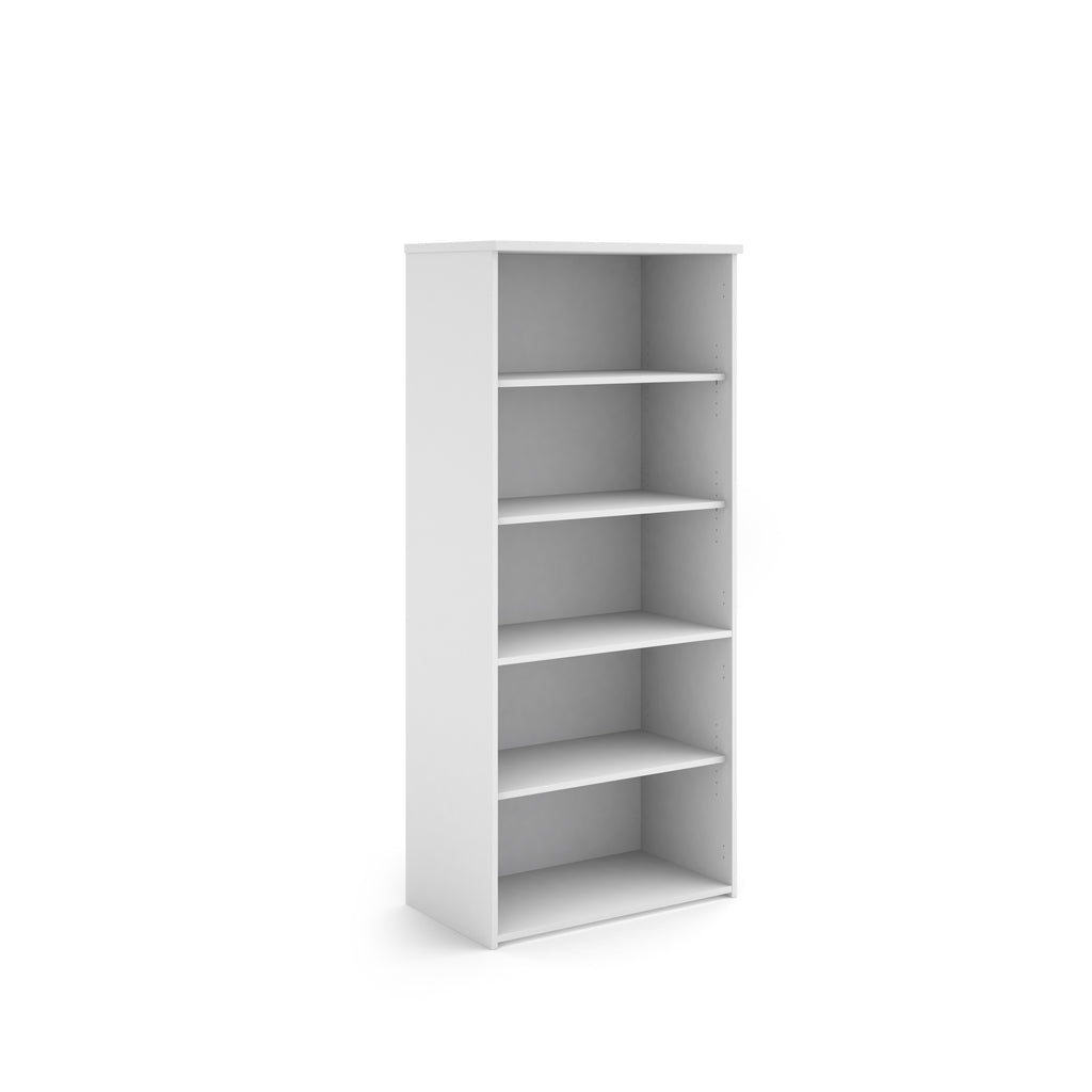 White bookshelf with four shelves on a white background