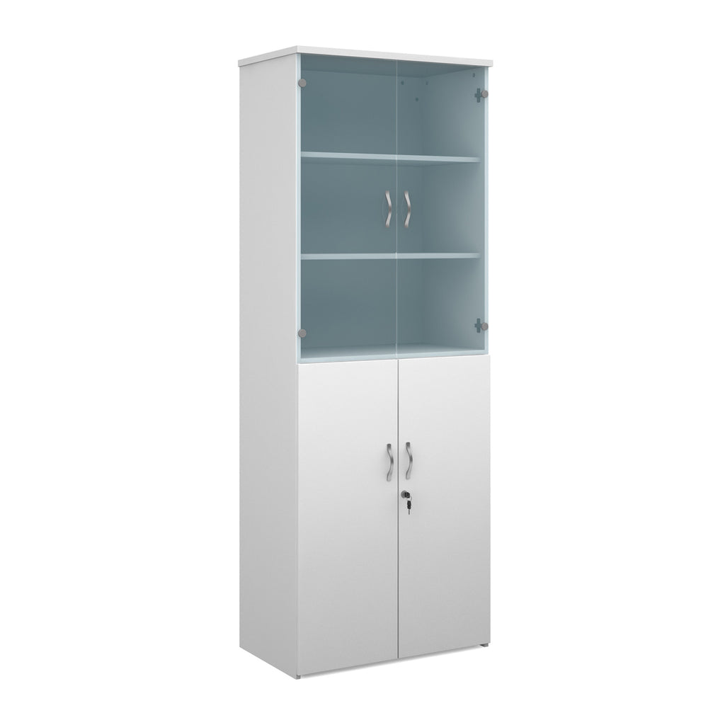 Tall office storage cupboard with a white carcass, lockable lower doors, and upper glass display doors with internal shelving, shown on a white background.