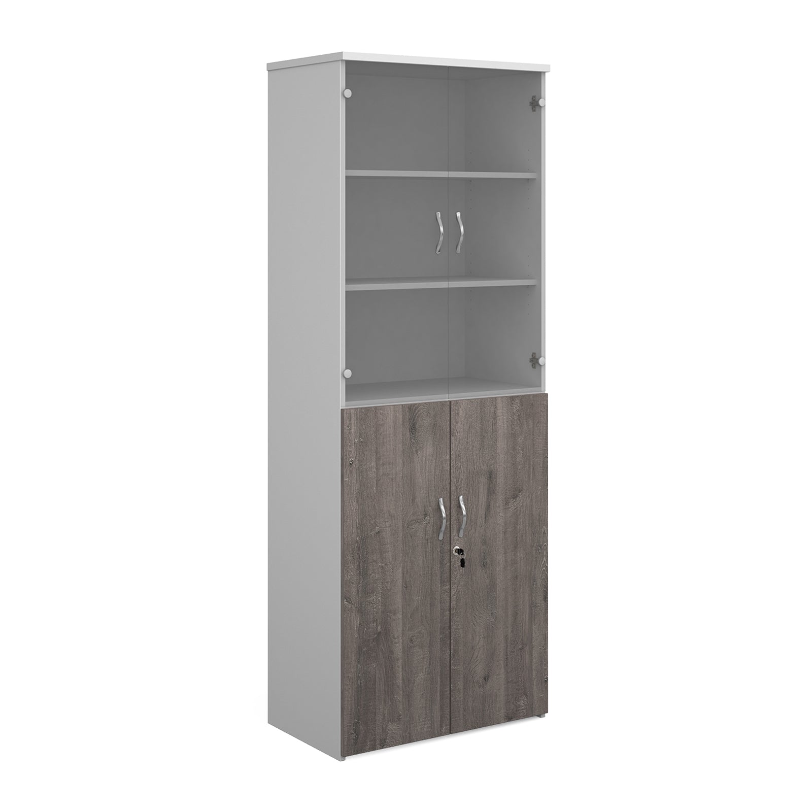 Tall office storage cupboard with a white carcass, lockable lower grey wood-effect doors, and upper glass display doors with internal shelving, shown on a white background.