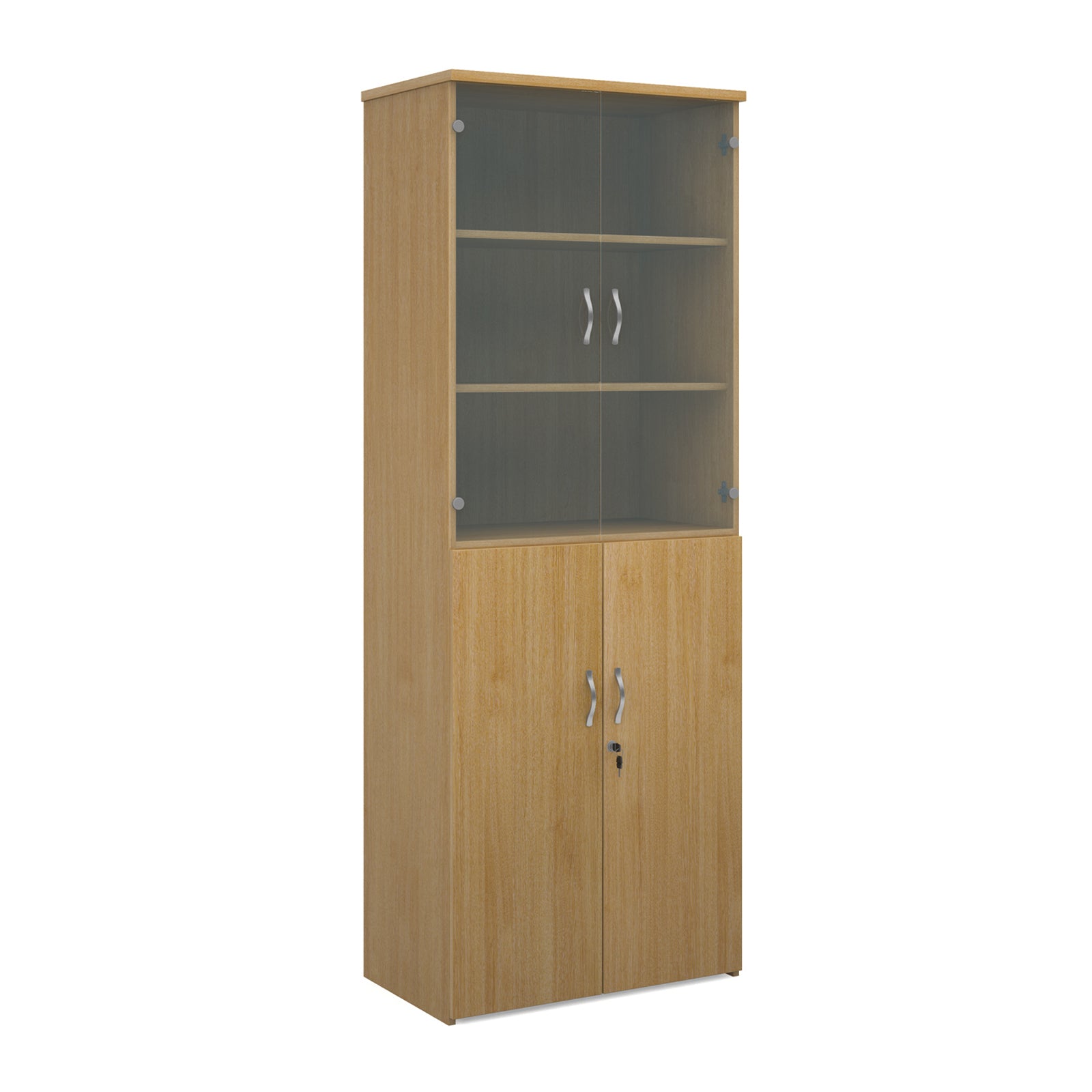 Tall office storage cupboard with a wood-effect carcass, lockable lower doors, and upper glass display doors with internal shelving, shown on a white background.
